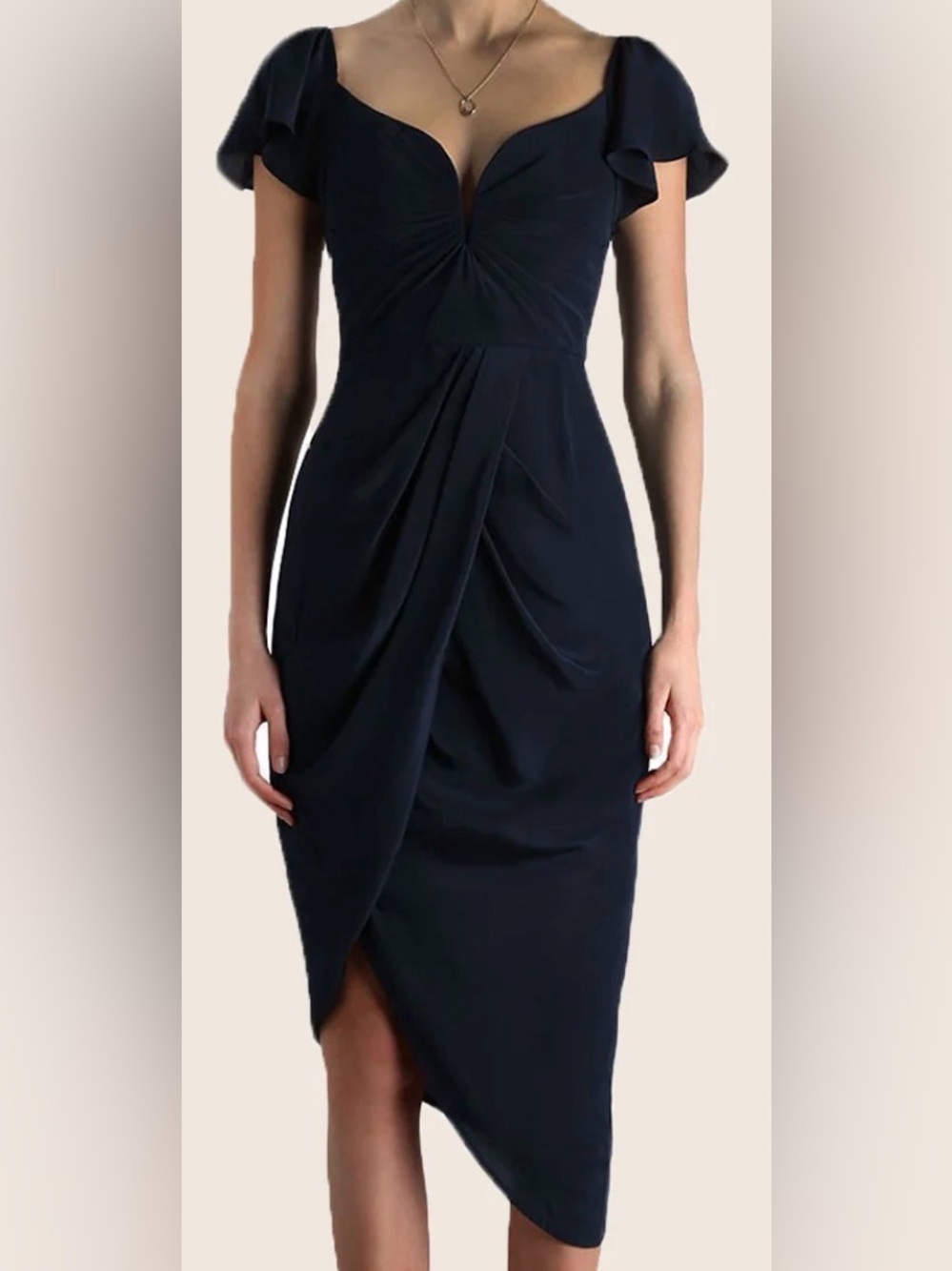 MACLOTH size 10 Navy BLUE  Ruched Midi Dress with Flutter Sleeves